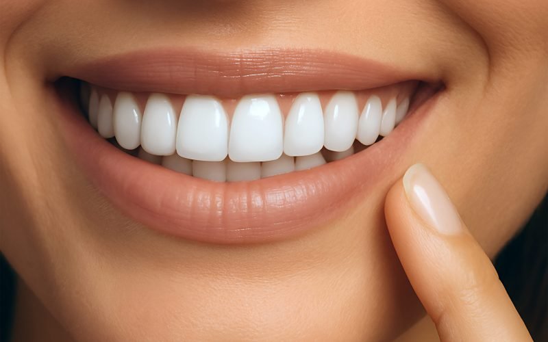 Close-up of a woman smiling with perfectly white teeth, touching her cheek with her finger. The image represents dental aesthetics, oral hygiene, and confident beauty Close-up of a woman smiling with perfectly white teeth, touching her cheek with her finger. The image represents dental aesthetics, oral hygiene, and confident beauty